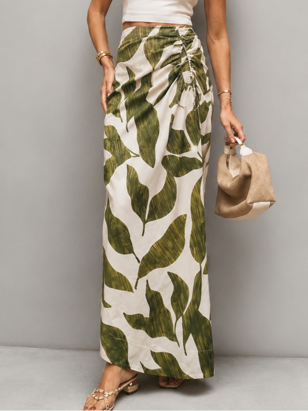 🆕🌿 Antonio Melani Tropical Leaf Print High-Low Midi Skirt Green White Size 0